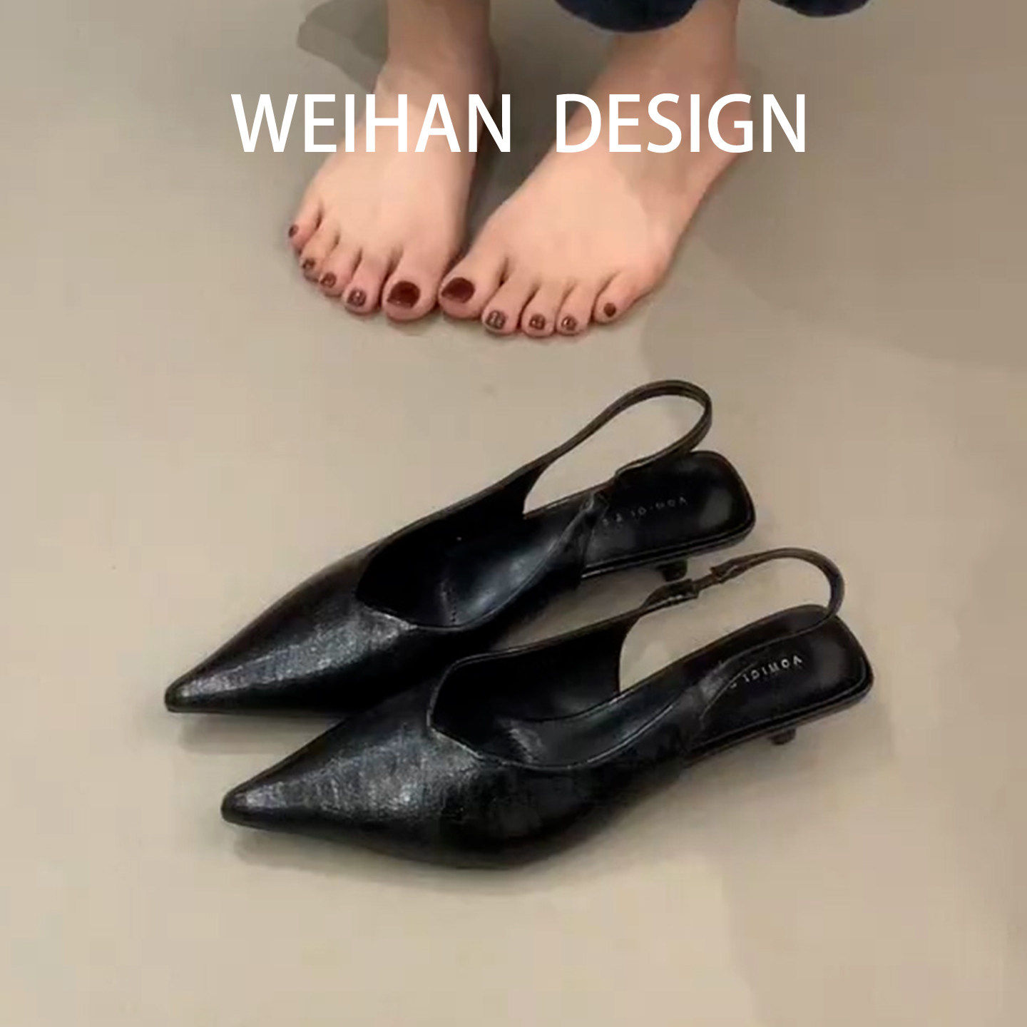 羊皮版！尖头细跟後空包头凉鞋女百搭配裙子单鞋春夏一字带高跟鞋