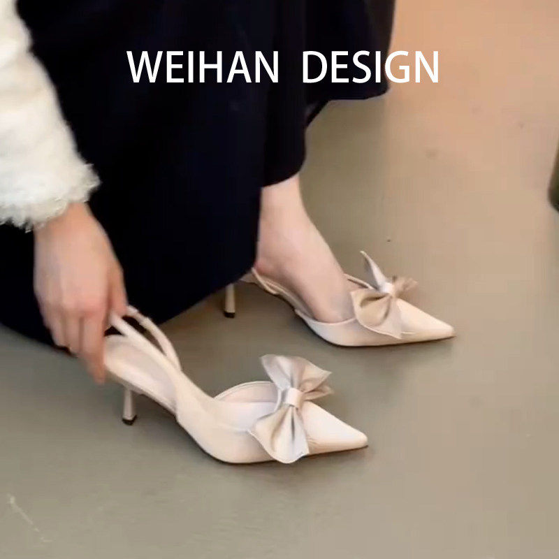 羊皮版！法式尖头蝴蝶结包头凉鞋女夏仙女风浅口细跟一字带高跟鞋
