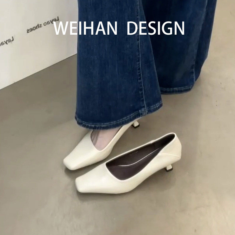羊皮版！法式高级感白色高跟鞋女一脚蹬名媛气质方头单鞋不累脚