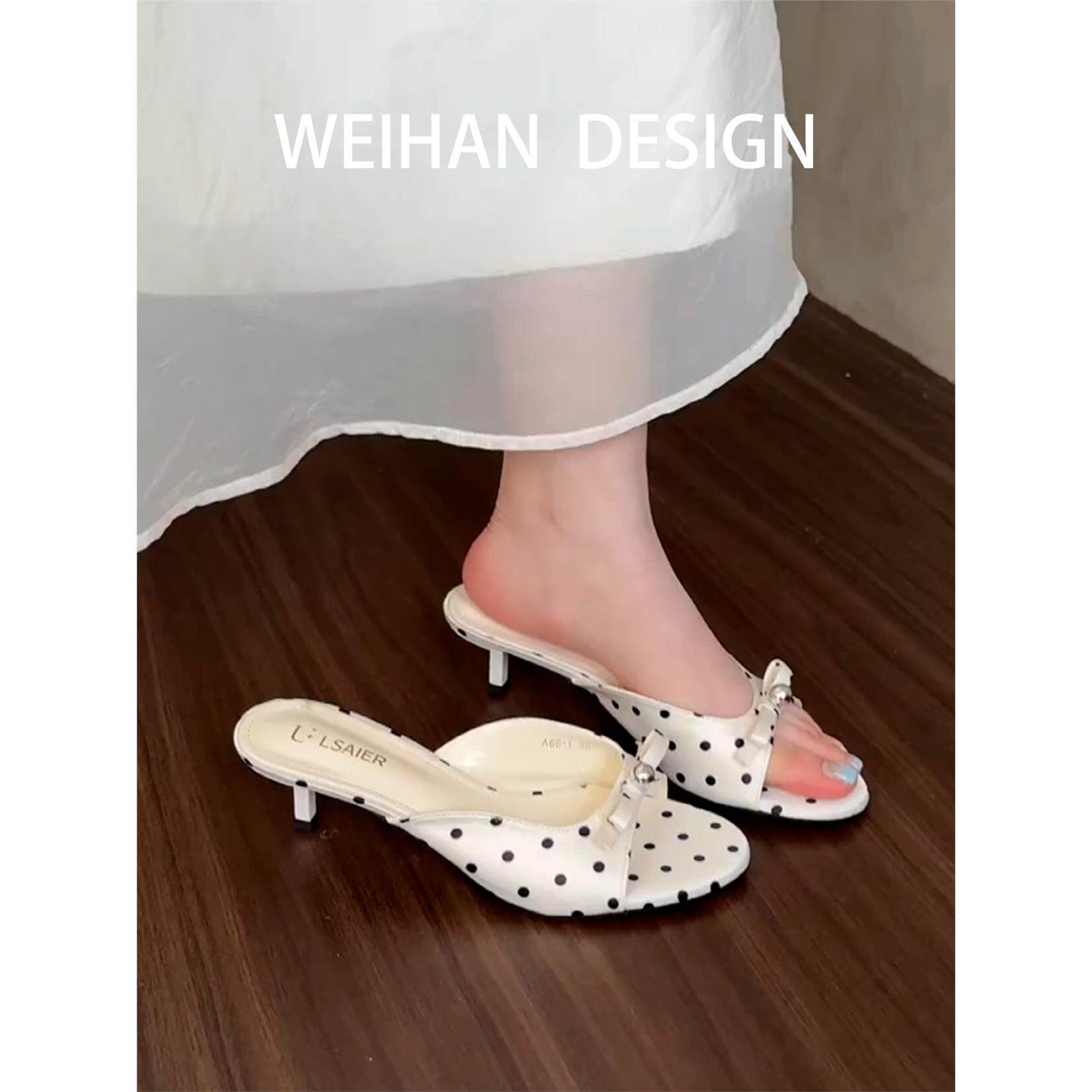羊皮版！露趾法式温柔一字凉拖波点蝴蝶结细跟凉鞋夏季配裙高跟鞋