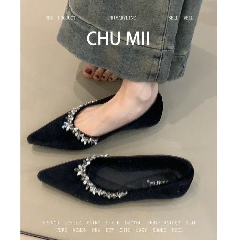 羊皮版~法式覆古黑色平底单鞋女高级感丝绒奶奶鞋气质尖头瓢鞋