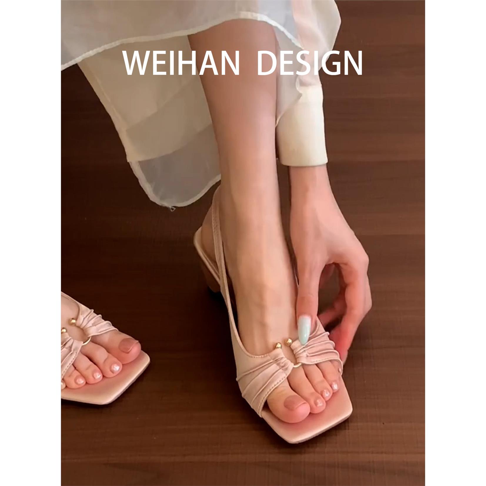 羊皮版！甜美少女风金属扣凉鞋女方头露趾后绊带百搭粗跟后空单鞋