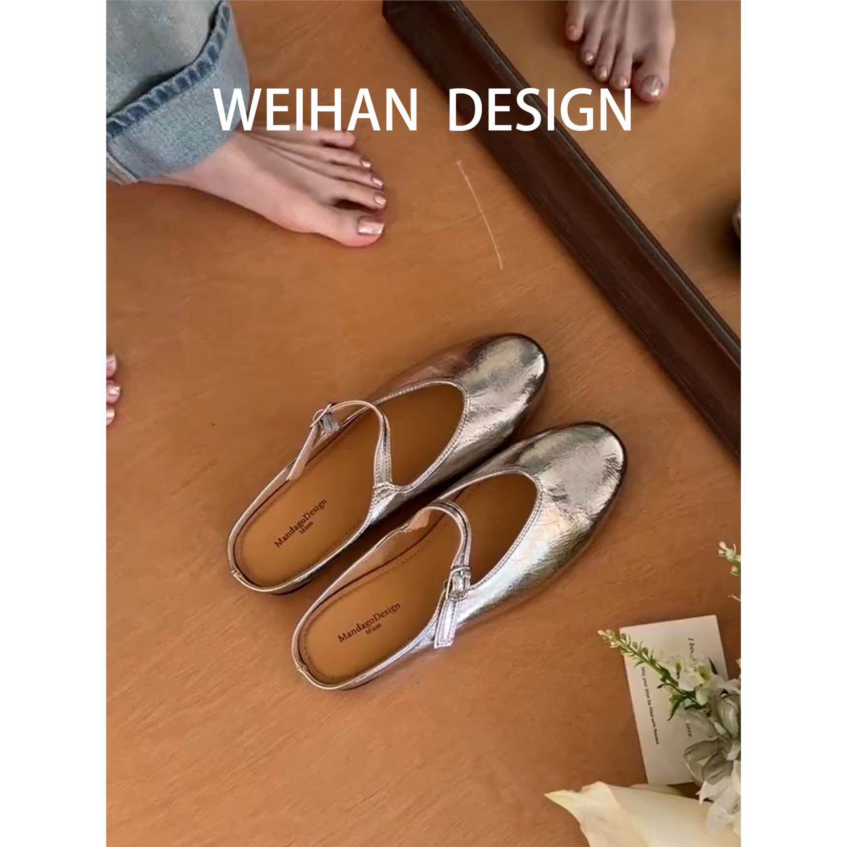 羊皮版！法式包头半拖鞋女平底一字扣银色玛丽珍凉鞋通勤穆勒鞋