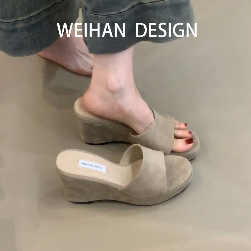 羊皮版！法式绒面坡跟厚底拖鞋女一字拖一脚蹬不累脚百搭露趾凉鞋
