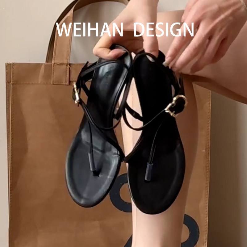 羊皮版!法式黑色夹趾细