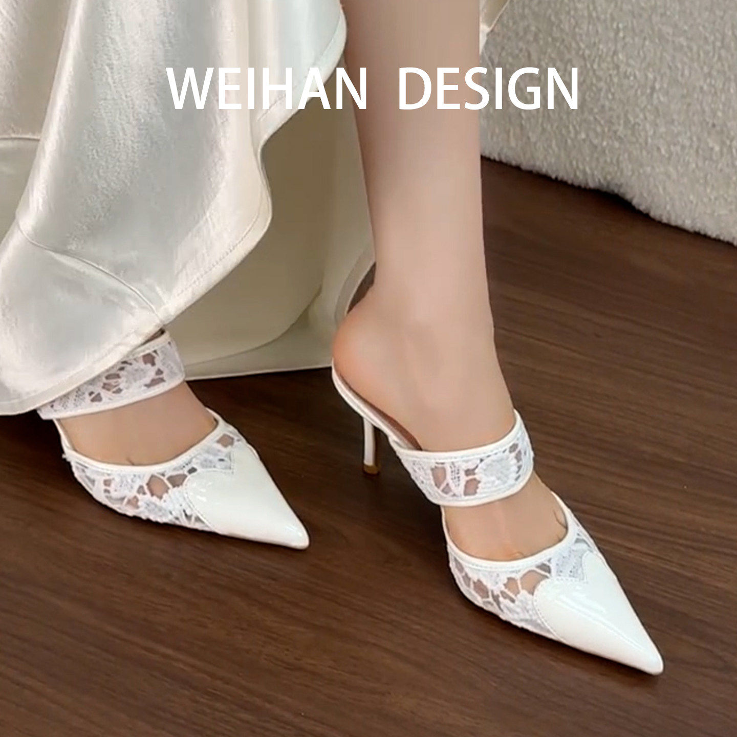 羊皮版！绝美尖头细跟凉鞋法式蕾丝拼接半拖鞋外穿气质穆勒高跟鞋