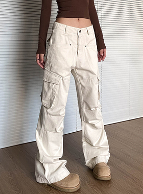 apocket美式复古米白色多口袋工装裤女新款街头宽松褶皱直筒裤子
