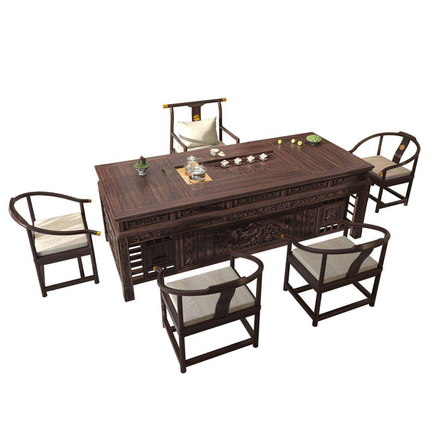 乌金实木桌椅组合办公室VLJ茶套几装茶一体家新用中式古典茶台