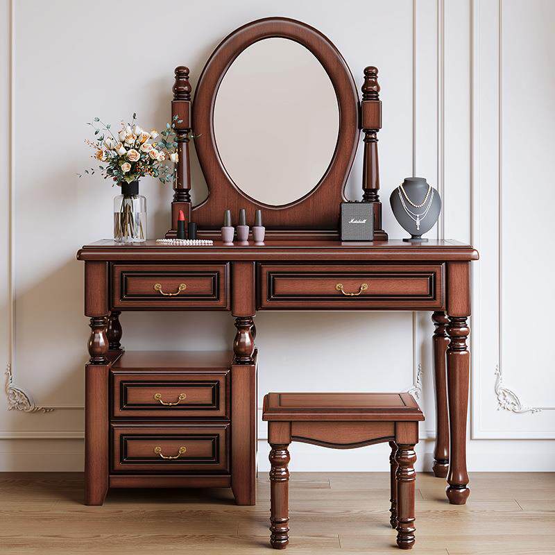 美式全实实木覆古化木梳妆台欧式奢VZQ带镜子妆桌卧室收轻纳柜一