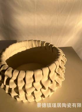 装纯手软工异形陶瓷工艺术摆件手捏花边拼接创VML意白色果盘、家