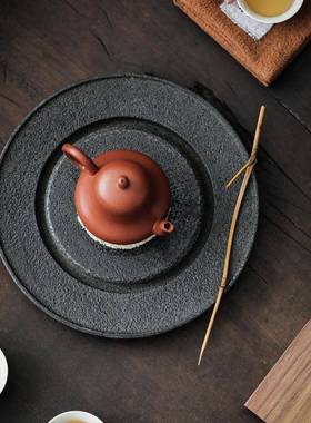 茶泡玄武岩圆形干盘式复古乌金石茶盘家用小号石材壶20230725中承
