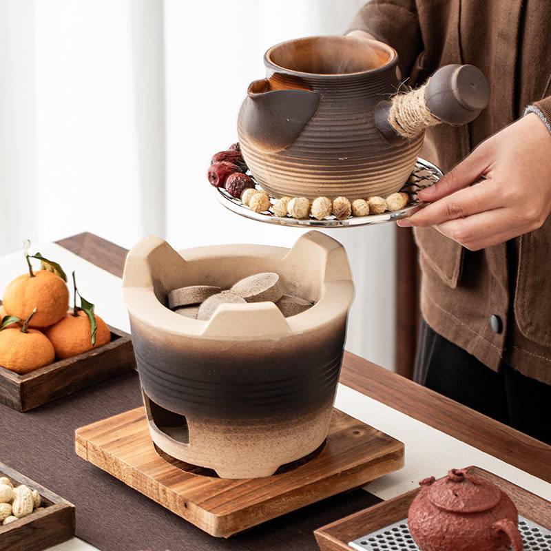 冬天围炉煮茶炭火炉侧把罐罐煮茶壶可干烧专用全套陶壶碳明火烤茶