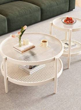 日式简约藤编茶圆AWH桌形红玻璃双层组合家用客厅小几户型网复古