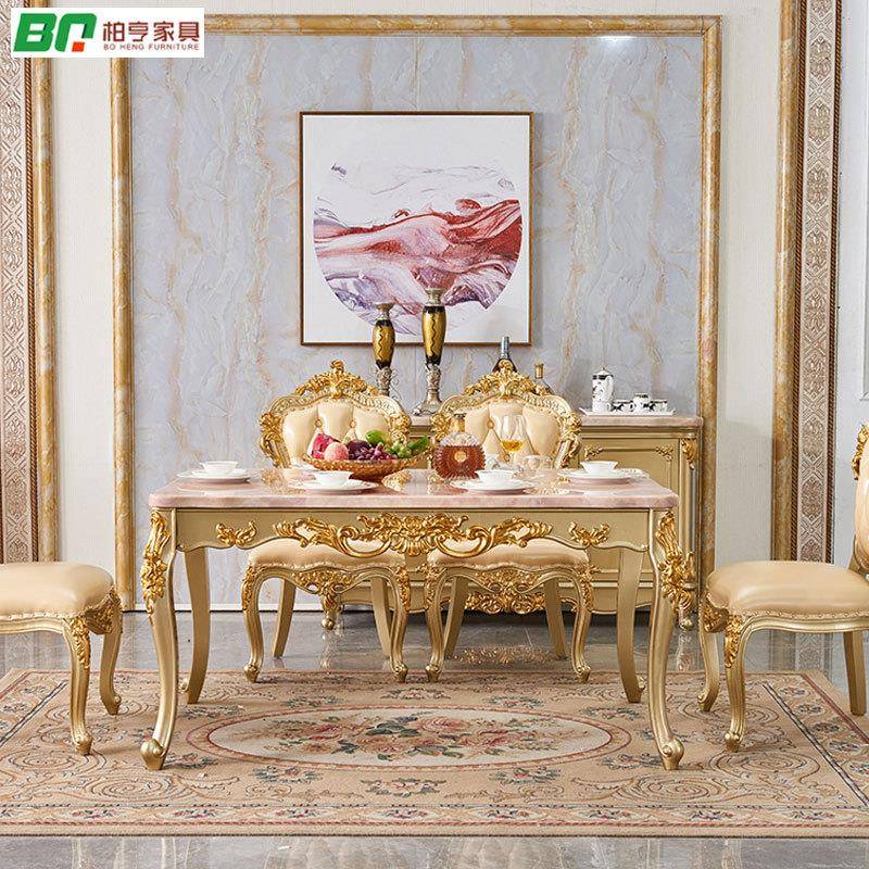欧式长餐桌椅组合实木方形大石香金色餐家厅8308用奢理华槟高档桌