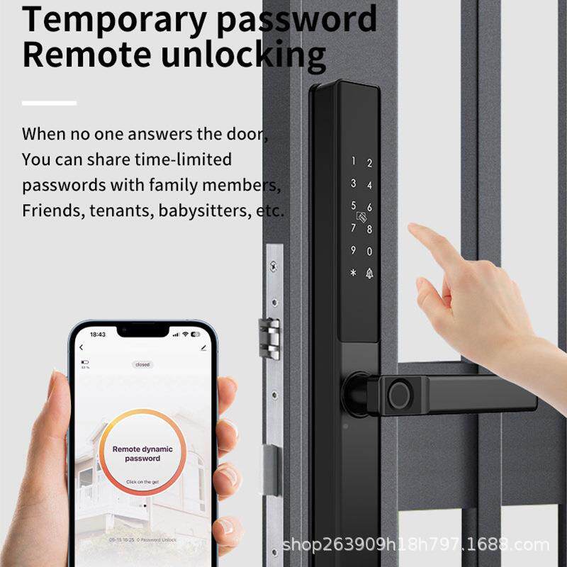 双面断桥铝防水指纹锁塑指合金钢门拉纹密码锁家用门锁DQ02推平移