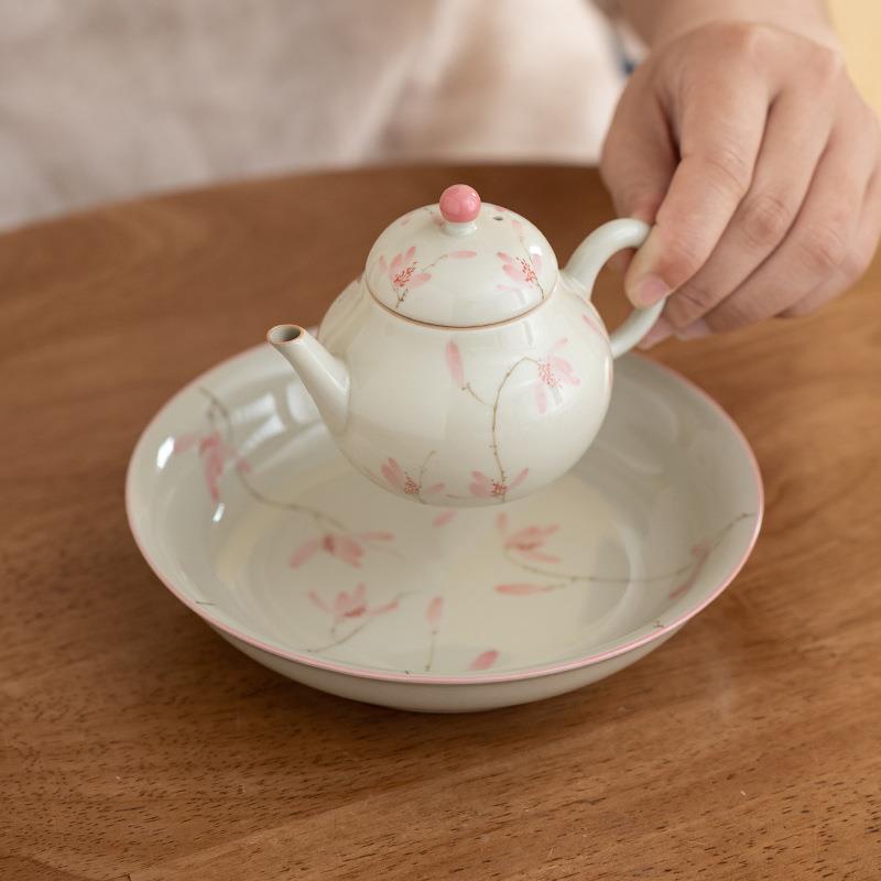 台冰台手绘粉玉兰承养壶托干泡单层茶盘陶瓷壶盖碗底茶83177具配