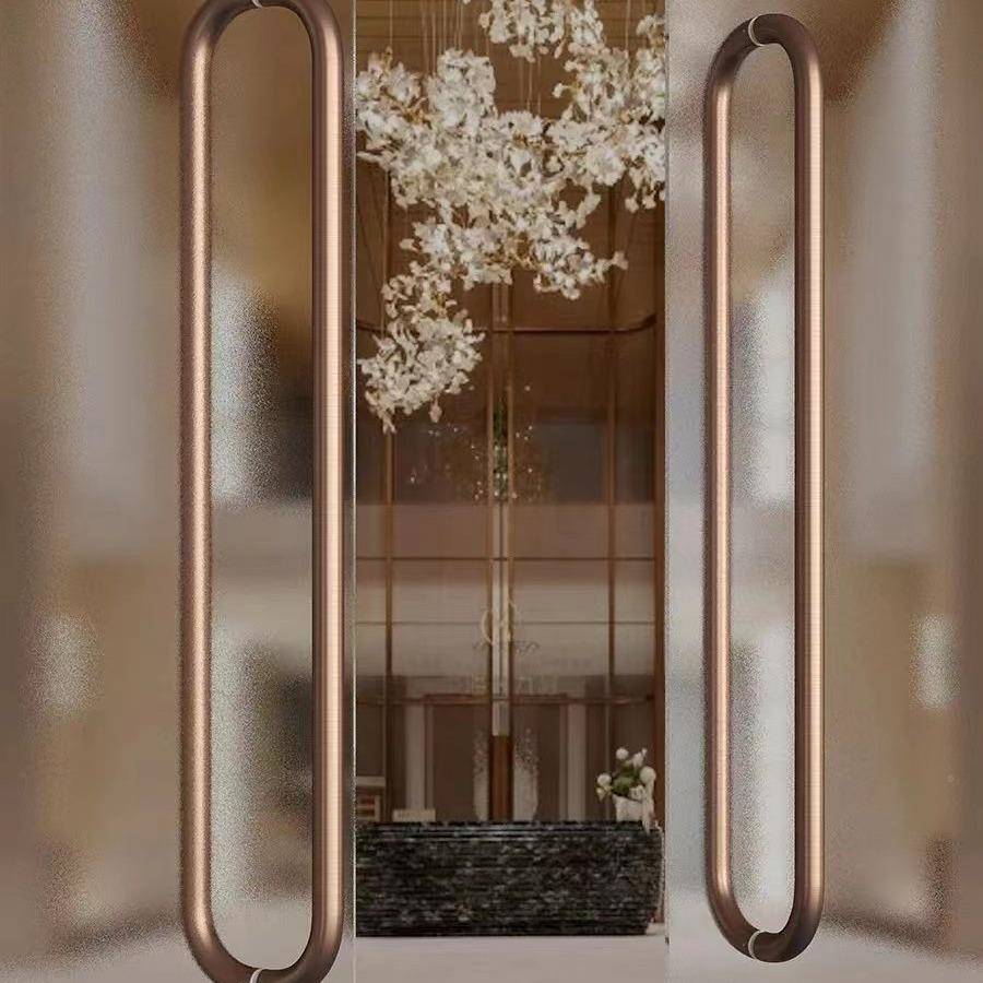 轻奢玻璃大门手拉黑色不锈698钢管商铺酒店门实弯木把手金色对装