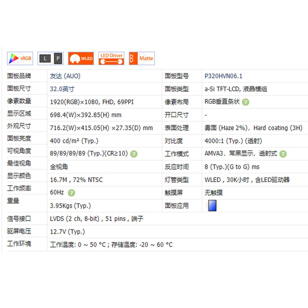 AUO友达32寸TFT-LCD液晶屏P320HVN06.1工控屏32寸户外高亮广告屏