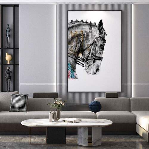 现代轻奢进门玄关装饰画黑白骏马竖版壁画客厅沙发后立画别墅挂画