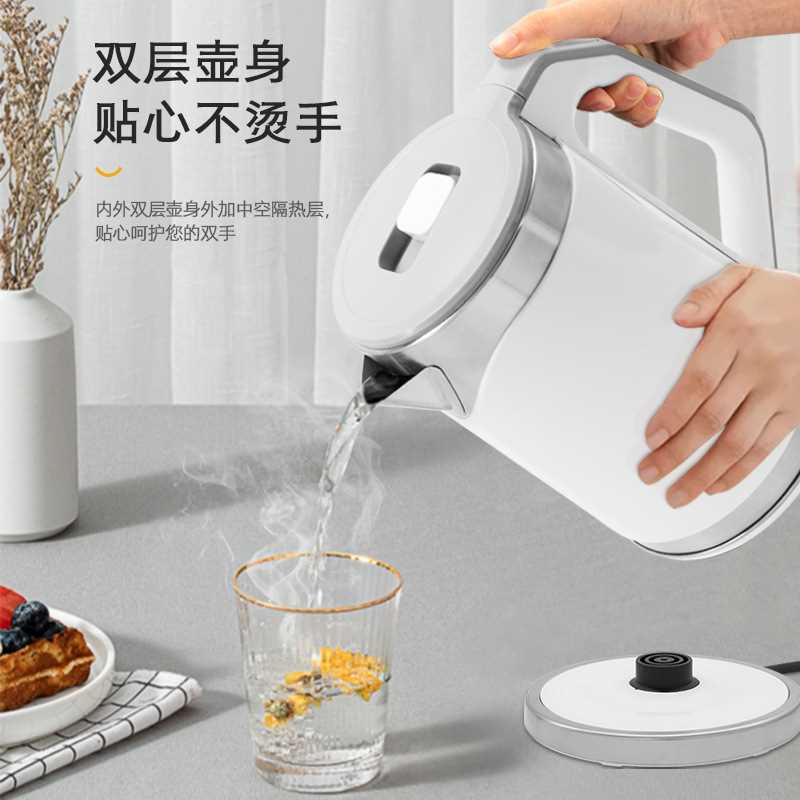 新品110V电热水壶家用烧水壶304不锈钢2.0L大容量双层防烫壶