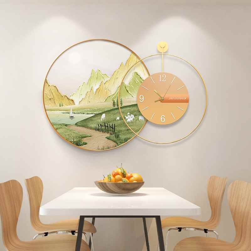 【折扣】北欧风餐厅装饰画客厅装饰圆形绿地静音钟表组合挂画客厅