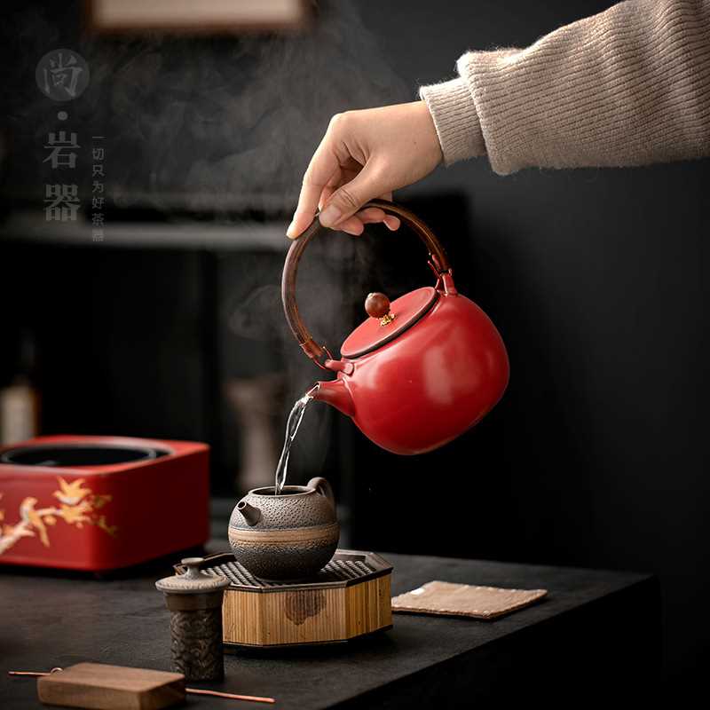 复古红色提梁壶煮茶壶家用带过滤泡茶壶单壶围炉煮茶器电陶炉陶壶