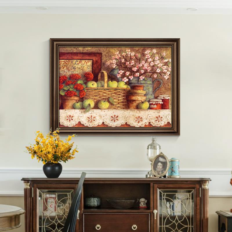 美式餐厅装饰画饭厅餐桌挂画复古玄关油画欧式客厅水果壁画桌理定
