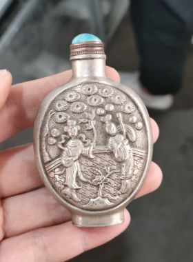 古玩老货纯铜老银鼻烟壶烟具烟袋烟锅烟斗烟具镶嵌绿松石双面雕刻