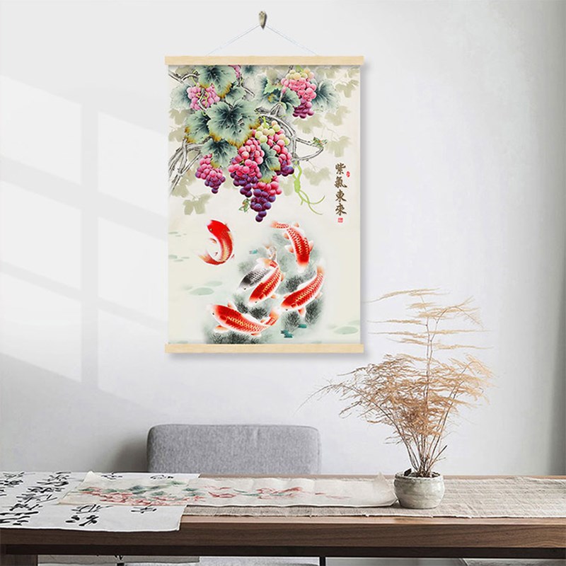 速发紫气东来玄关挂画新中式入户电表箱装饰画餐厅布艺壁画鲤鱼挂图片