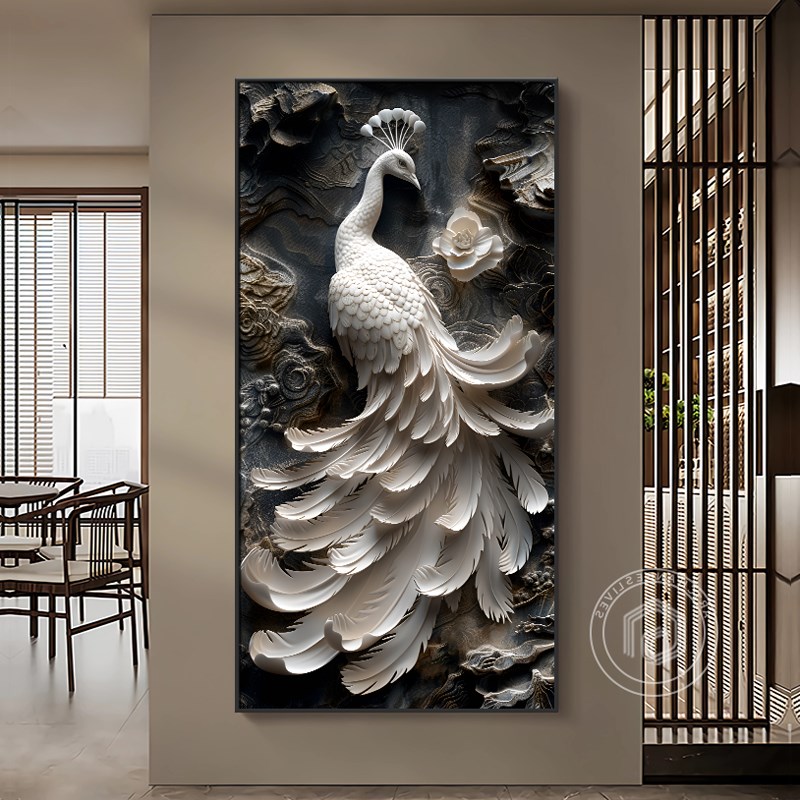 速发简约入户进门孔雀玄关装饰画仿立体浮雕走廊过道壁竖版挂画图片