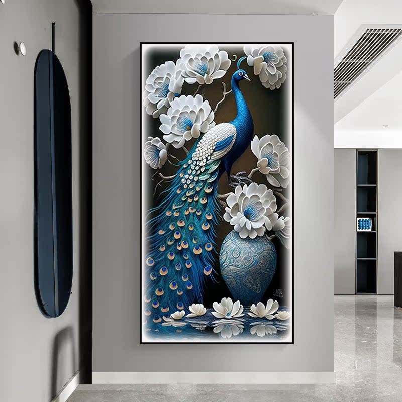 速发吉祥孔雀玄关装饰画新中式入户客厅墙面壁画轻奢走廊过道挂画图片