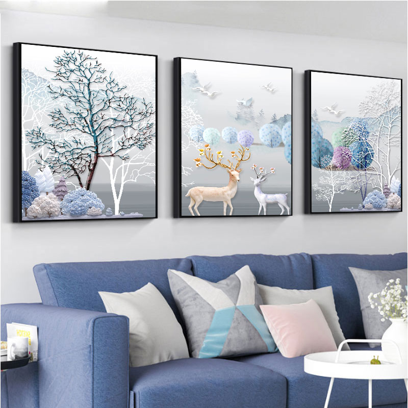 速发北厅沙发背景墙壁装饰画简约正方形三联家居抽象麋鹿挂画图片