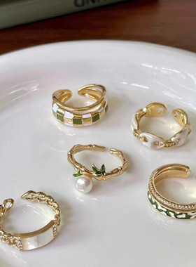 小众设计绿色珐琅竹节珍珠戒指女独特洋气指环气质百搭开口食指戒