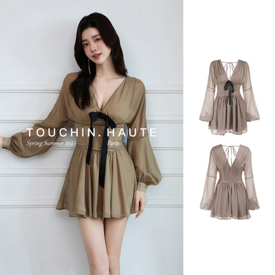匠一 TOUCHIN.HAUTE【莉莉安】浪漫法式V领长袖收腰显瘦连衣裙女
