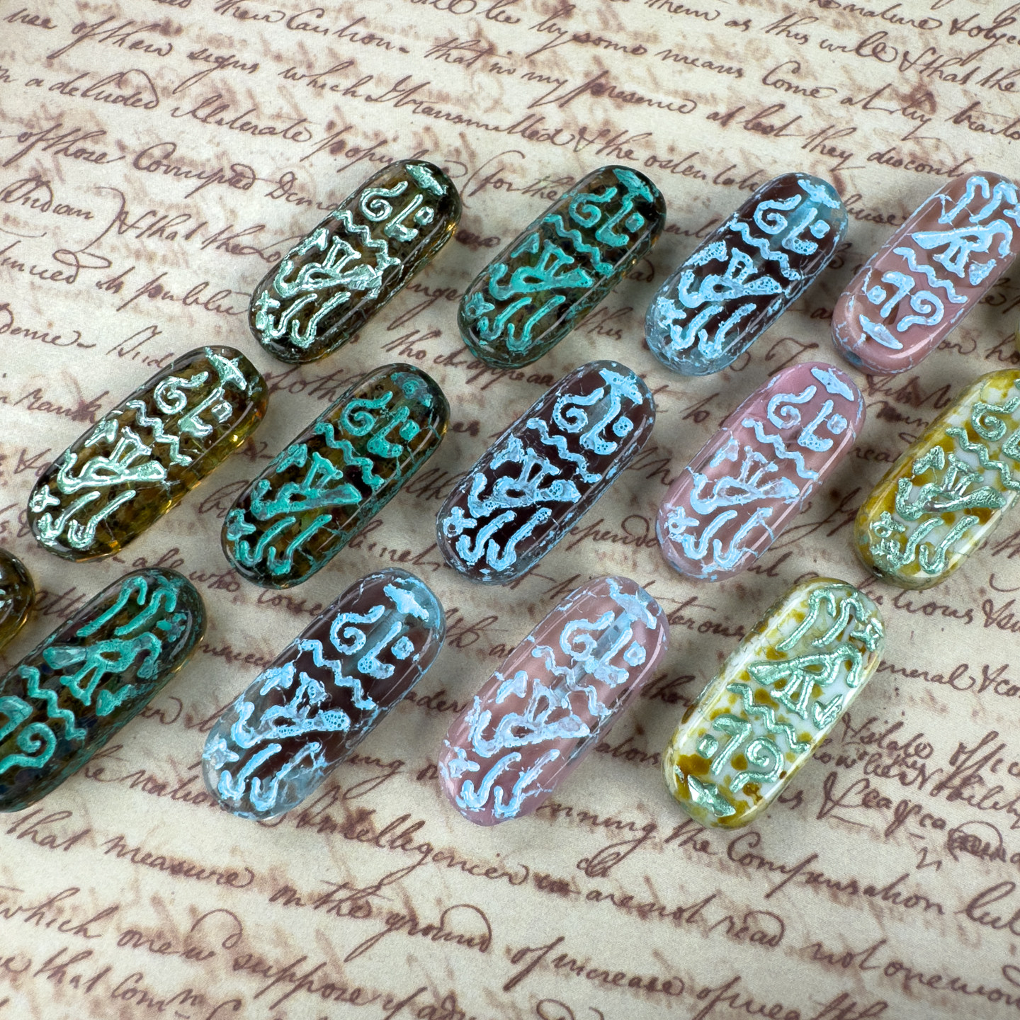 进口捷克琉璃珠25x10mm埃及牌花纹DIY手工串珠复古风格饰品材料