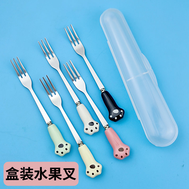 速发网红水果叉不锈钢家用儿童猫爪可爱吃水果的小叉子陶瓷水果签