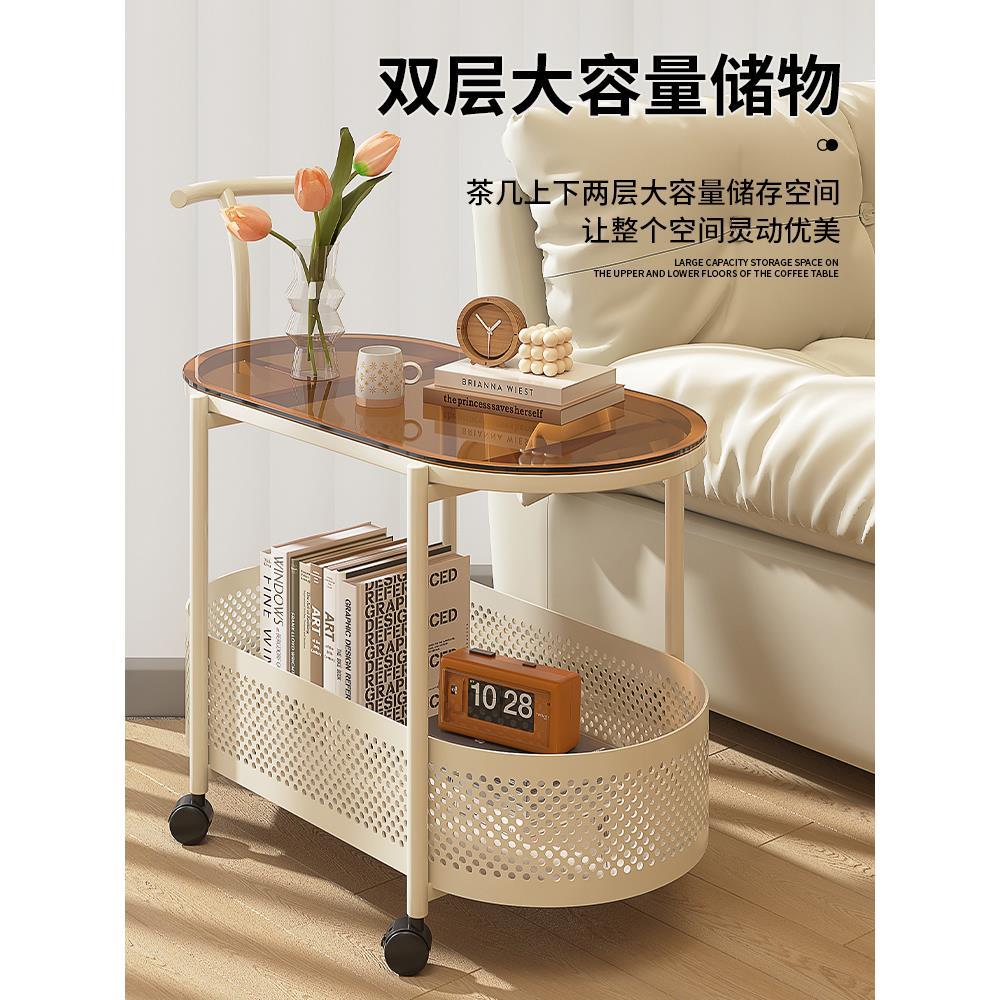 北欧钢化玻璃可移动沙发边几边柜简约现代床头侧边柜小茶几小推车