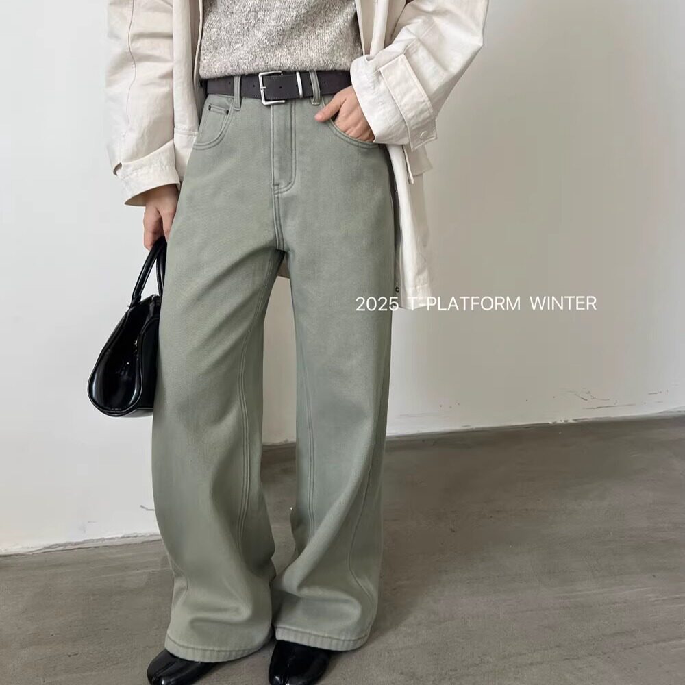 冬季加绒保暖显瘦直筒牛仔阔腿裤