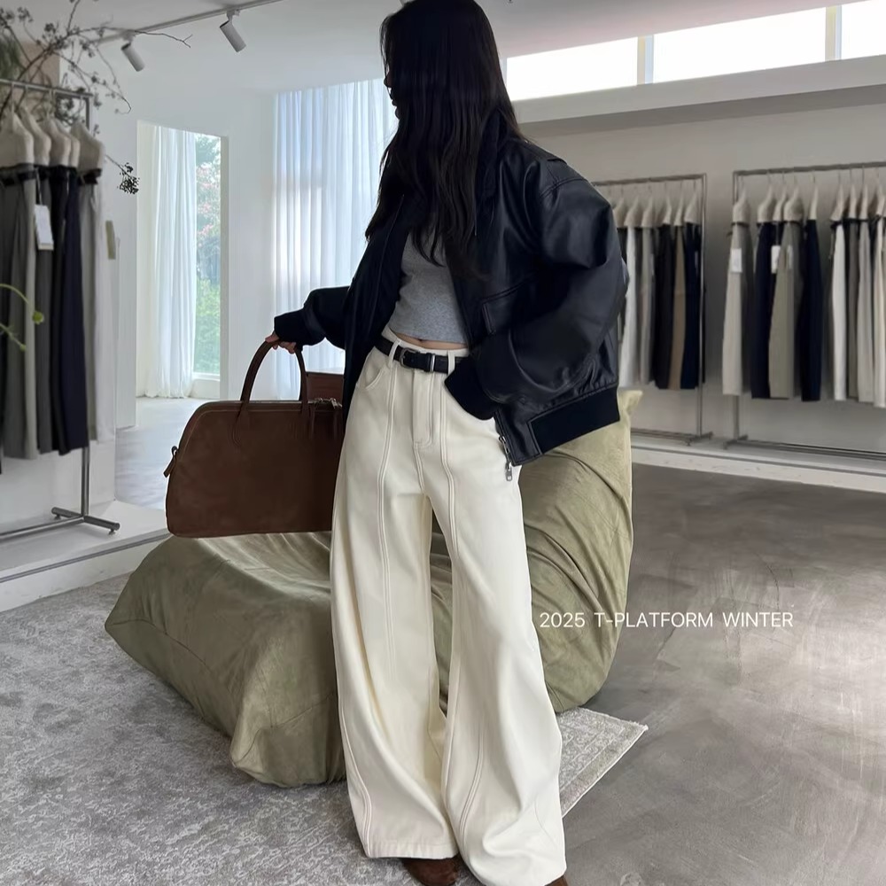 十三行T-PLATFORM93202-1冬季加绒复古水洗牛仔裤柔软阔腿牛仔裤