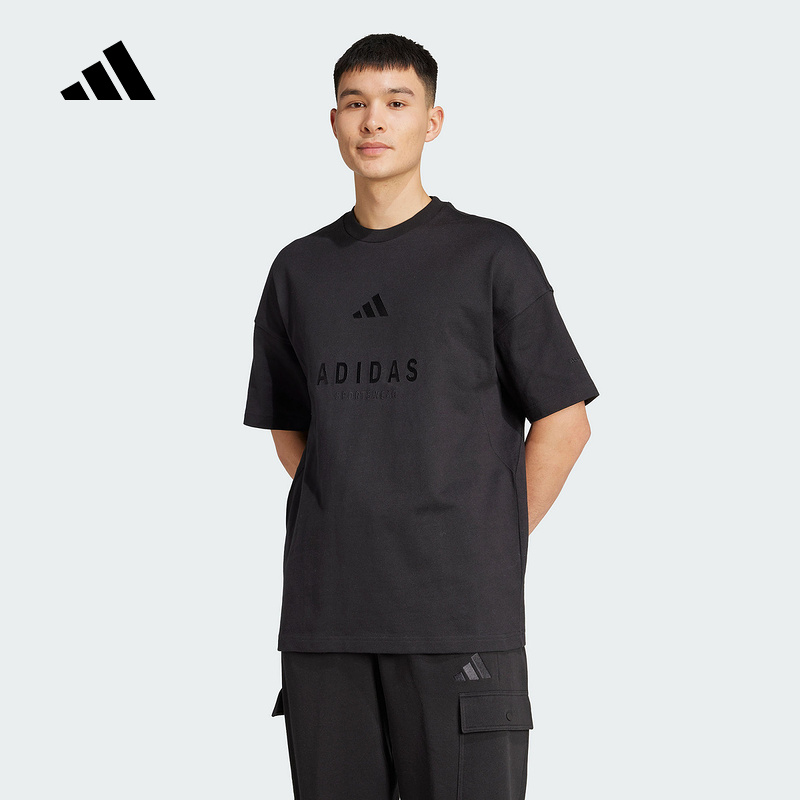 adidas阿迪达斯浊色刺绣纯黑半袖2025秋男棉质宽松短袖T恤 JL6549