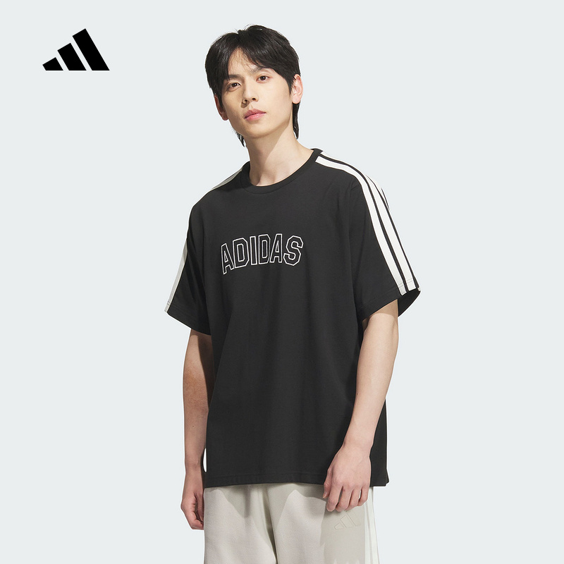 adidas阿迪达斯黑色棉质三条纹半截袖2025秋男宽松短袖T恤 KB9135