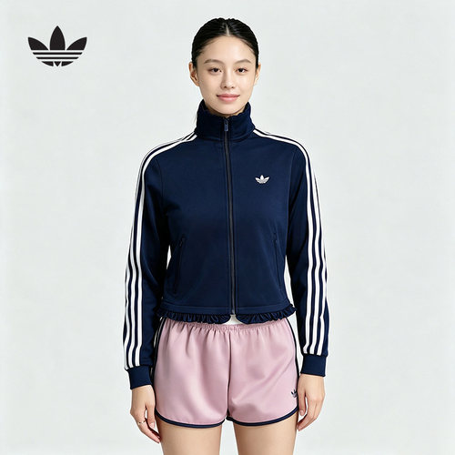 adidas阿迪达斯三叶草夹克女秋条纹褶饰漏斗领针织深蓝外套LG4309