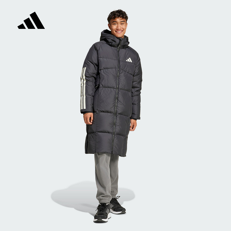 阿迪达斯男子2024冬季新款羽绒服长款运动服三条纹过膝外套JG3840