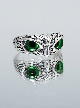 戒指女新款复古素银蓝色猫头鹰戒