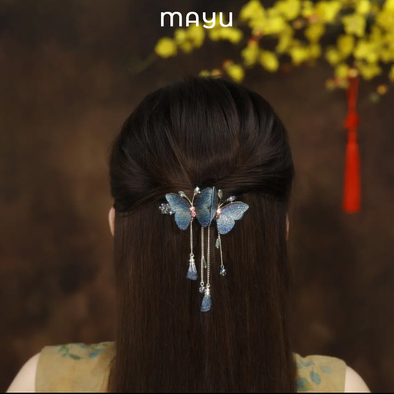梦幻蓝~气质蝴蝶水钻流苏发夹女侧边古风夹子头饰2025年新款顶夹
