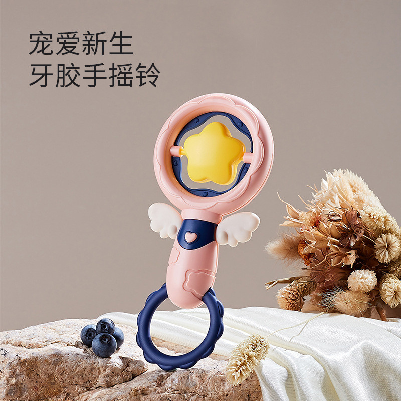 新生婴幼儿可水煮牙胶宝宝手摇铃拨浪鼓沙锤牙胶婴儿玩具安抚床铃