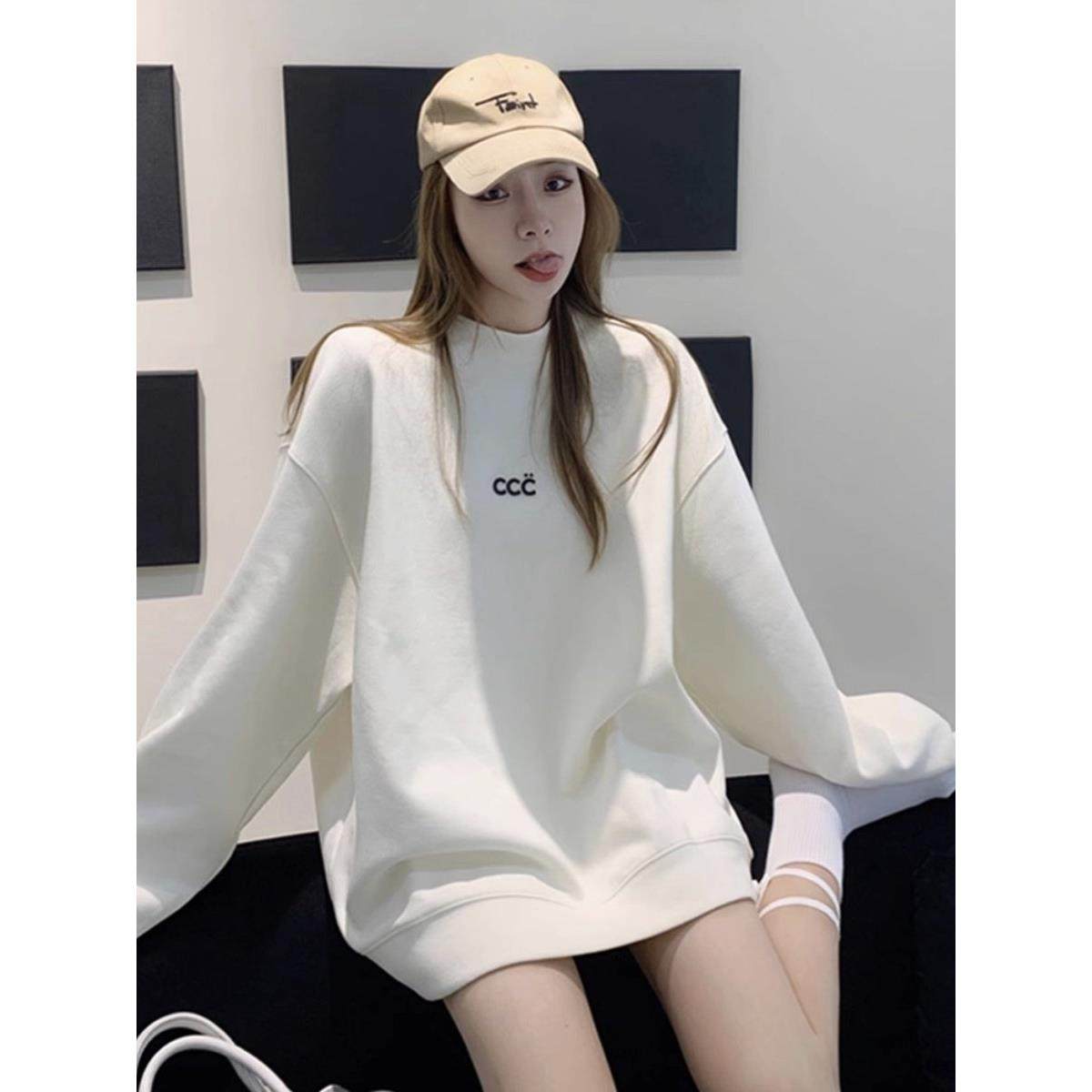 重磅纯棉白色圆领卫衣女秋冬季加绒加厚ins慵懒风设计感无帽上衣