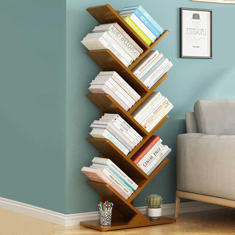 简约树状木纹书架儿童创意置物架家用落地书柜收纳储物架胡桃色