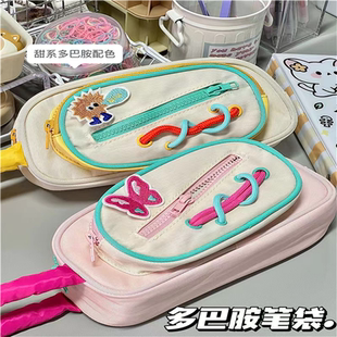 韩系多巴胺配色蝴蝶结刺绣笔袋ins高颜值大容量学生收纳文具盒女