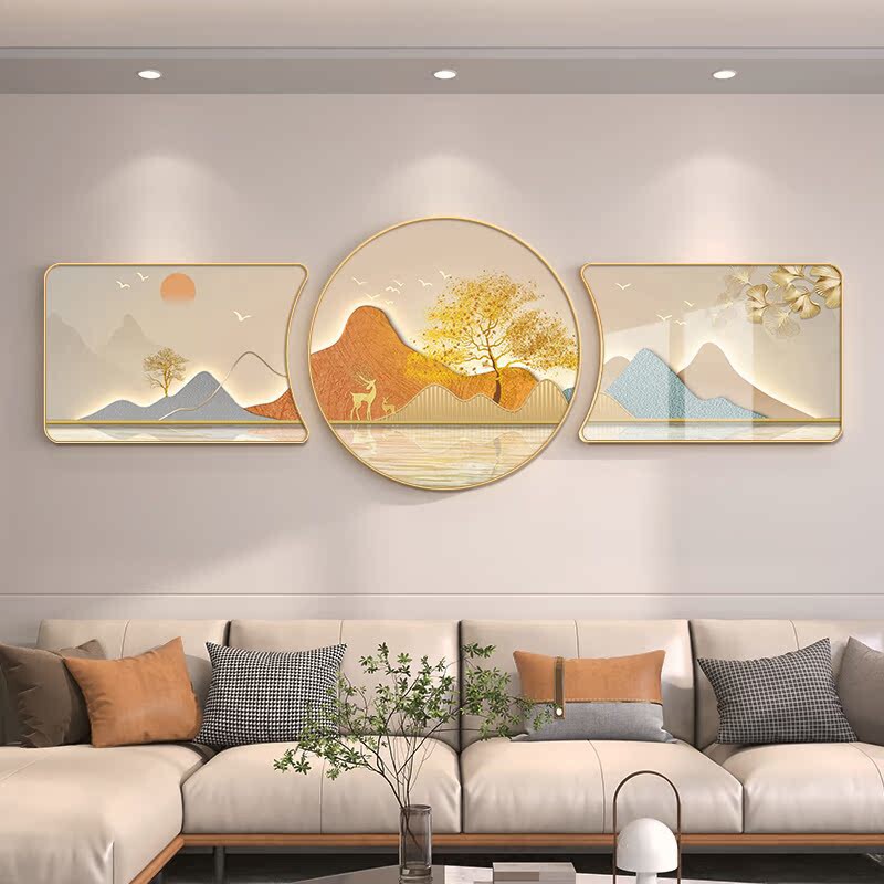 发财树客厅装饰画背有靠山沙发背景墙挂画山水画现代轻奢三联壁画
